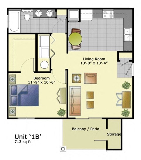 Floor plan for 1 bed, 1 bath, 600 sqft